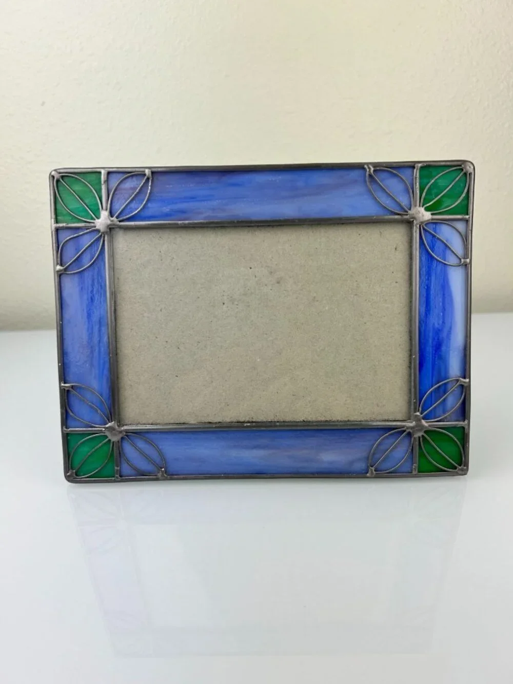 Vintage Stained Glass & Metal Picture Frame Blue Green Silver Home Decor